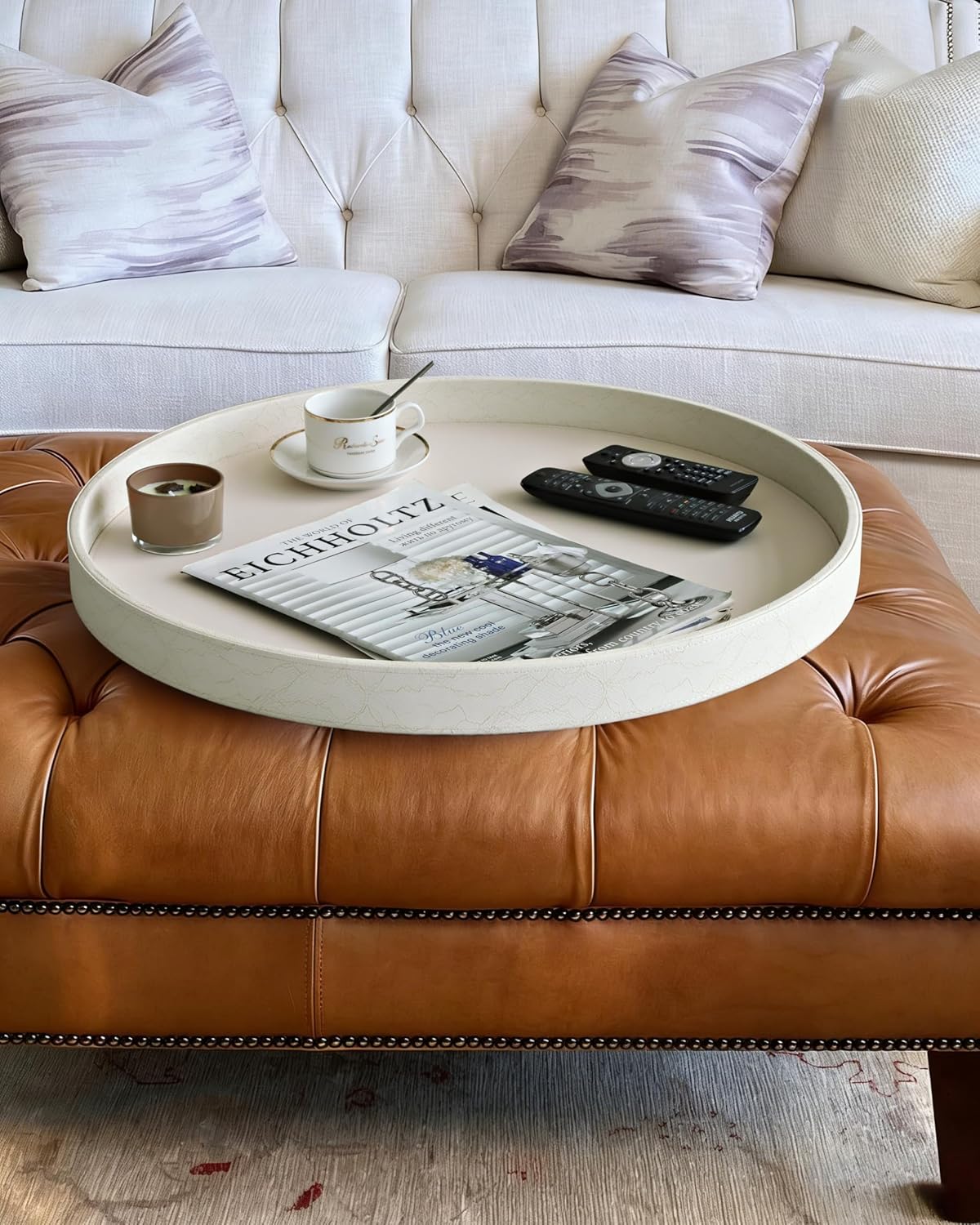 HofferRuffer Round Serving Tray 20'', Elegant Faux Leather Circle Ottoman Table Tray, Serve Tea Coffee Breakfast in Bedroom Living Room Kitchen (Brown)