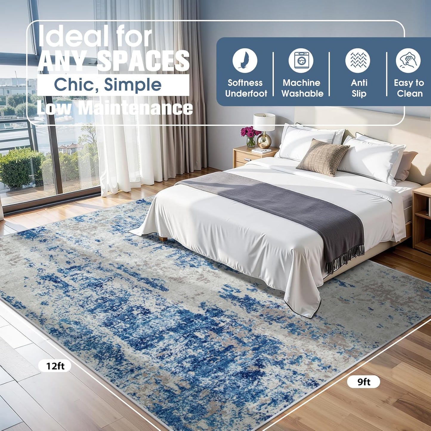 8x10 Area Rugs for Living Room Rug Washable: Abstract Large Rug for Dining Room Bedroom Carpet Non Slip 8 by 10 Indoor Modern Nursery Home Office Blue Grey