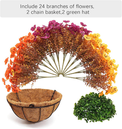 2 Set Artificial Hanging Flowers with Basket for Outdoor Spring Summer Decor, 2 Hanging Planters with 24 Pcs Silk Daisy Flowers for Garden Porch Patio Balcony Decoration