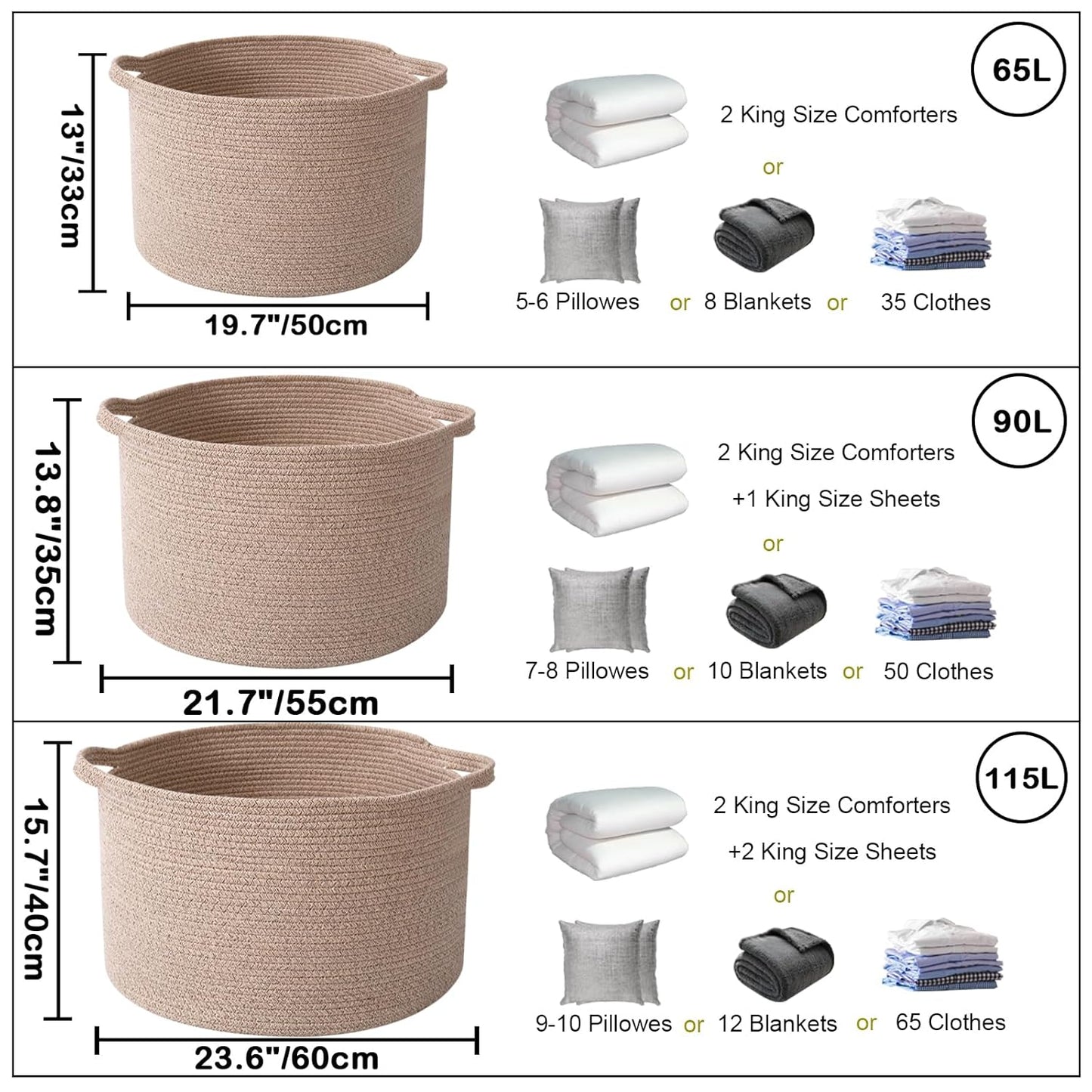 Large Woven Blanket Basket,65L Cotton Rope Laundry Basket Hamper with Handles, Decorative Nursery Basket Storage Bin for Toys, Clothes Organizer, Living Room, Bedroom, Bathroom, White & Brown