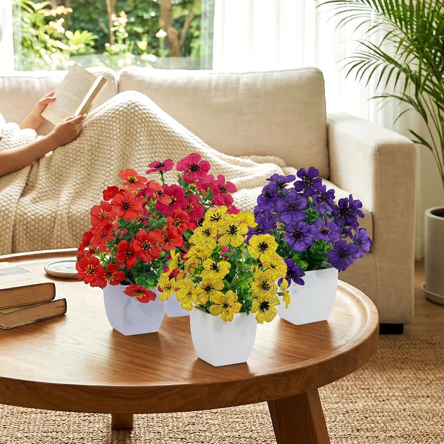 LOYWREE 4 Pack Small Artificial Mums Flowers in White Pots, Fake Mini Potted Plants, Spring Floral Decor for Home Bathroom Shelves Office Desk Table Centerpiece Indoor Decoration