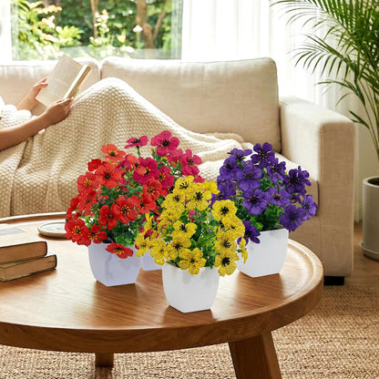 LOYWREE 4 Pack Small Artificial Mums Flowers in White Pots, Fake Mini Potted Plants, Spring Floral Decor for Home Bathroom Shelves Office Desk Table Centerpiece Indoor Decoration