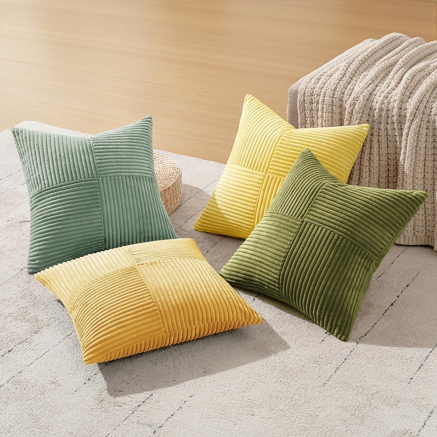 MIULEE Teal Orange Decorative Throw Pillow Covers 18x18 Inch Set of 4 Boho Corduroy Striped Cushion Cases Modern Farmhouse Patchwork Pillow Cases for Couch Sofa Bedroom Home Decor