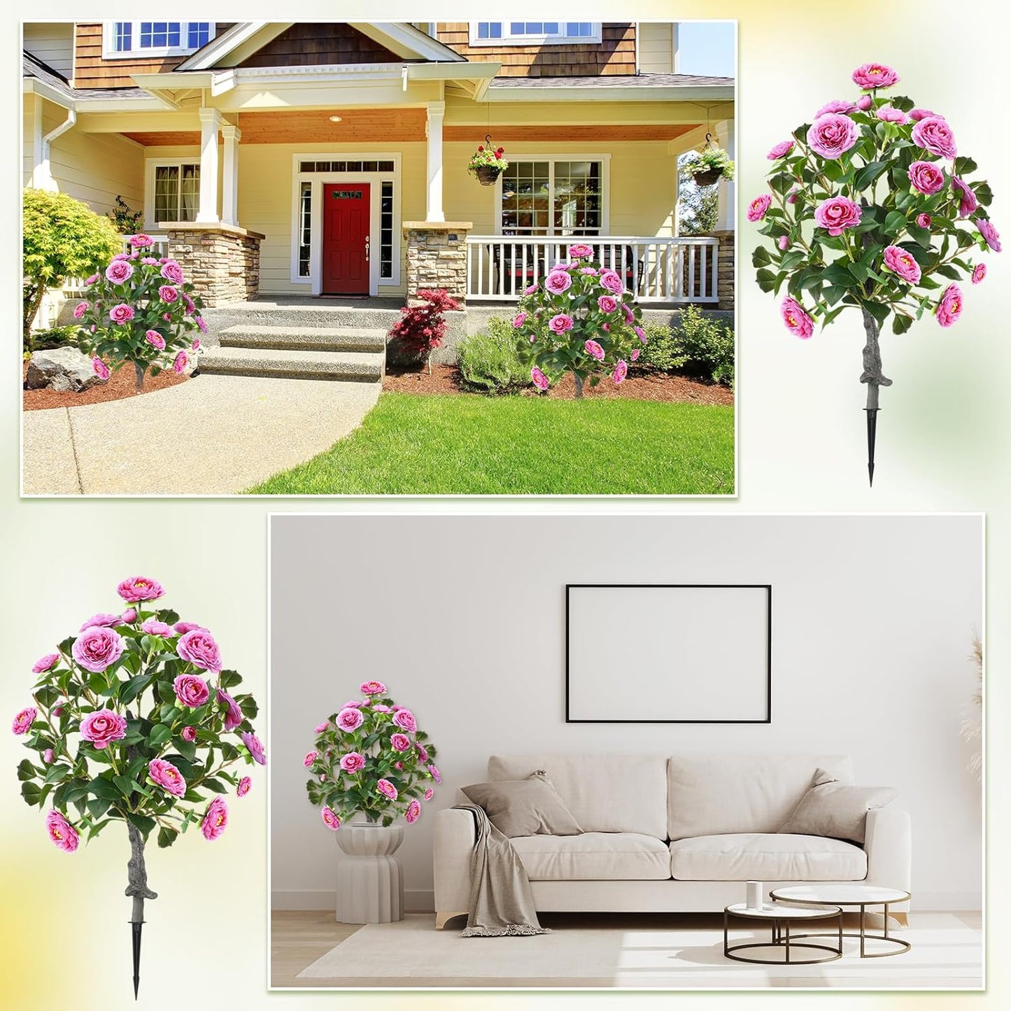 Lunmon 2 Pack 3ft Artificial Camellia Plants Tree 36" Faux Camellia Flower with Spike UV Resistant Realistic Fake Floral Blooming Bush for Indoor Outdoor Front Door Porch Backyard Garden, Purple
