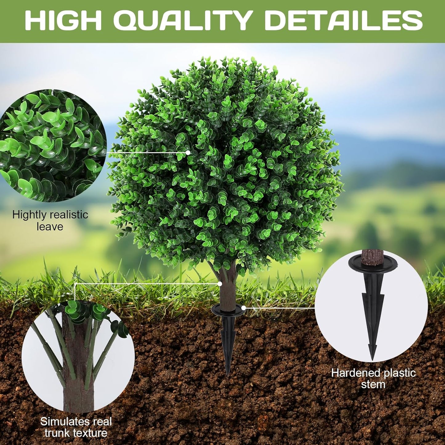 Artificial Red Eucalyptus Topiary Ball Tree 24" with Ground Spike, Set of 2 Artificial Boxwood Bushes for Faux Shrubs, Fake Evergreen Faux Plant for Indoor Outdoor Garden -UV Resistant–Fade-Proof