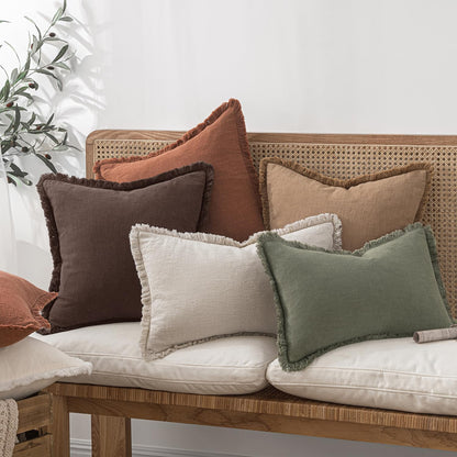 MIULEE Decorative Throw Pillow Covers Neutral Linen Fringe Throw Pillows Set of 2 Natural Beige Boho Farmhouse Cushion Covers with Tassels for Couch Sofa Bed Spring Home Decor 20x20 Inch