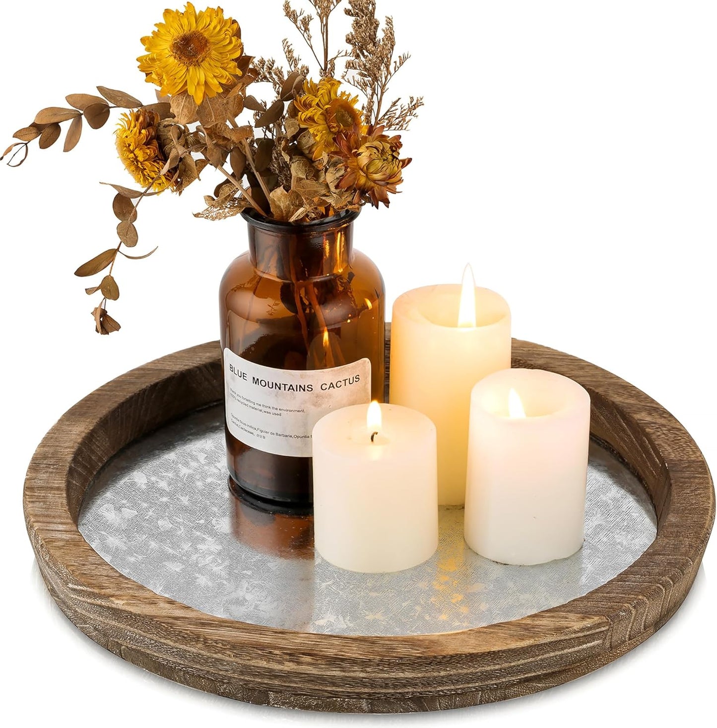 Hanobe Candle Plate Holder Tray: Round Wood Decorative Candle Plate - Rustic Farmhouse CoffeeTable Decor - Tealight Pillar Trays for Home Decor (Distressed)