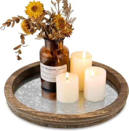 Hanobe Candle Plate Holder Tray: Round Wood Decorative Candle Plate - Rustic Farmhouse CoffeeTable Decor - Tealight Pillar Trays for Home Decor (Distressed)