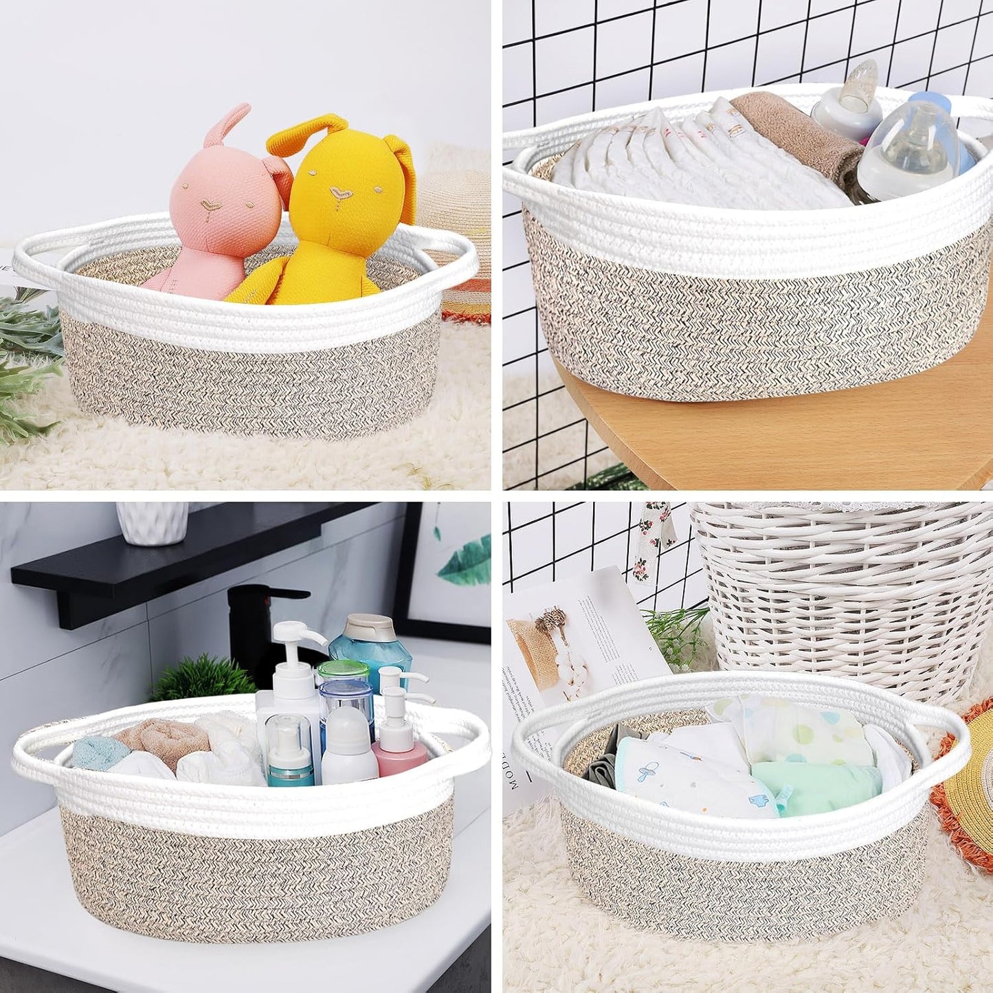 ABenkle Small Basket with Handles, Boho Decorative Rope Woven Dog Cat Toy Storage Bin Shelf Storage Organizer, Easter Christmas Gift Basket, 12"x8"x5", White