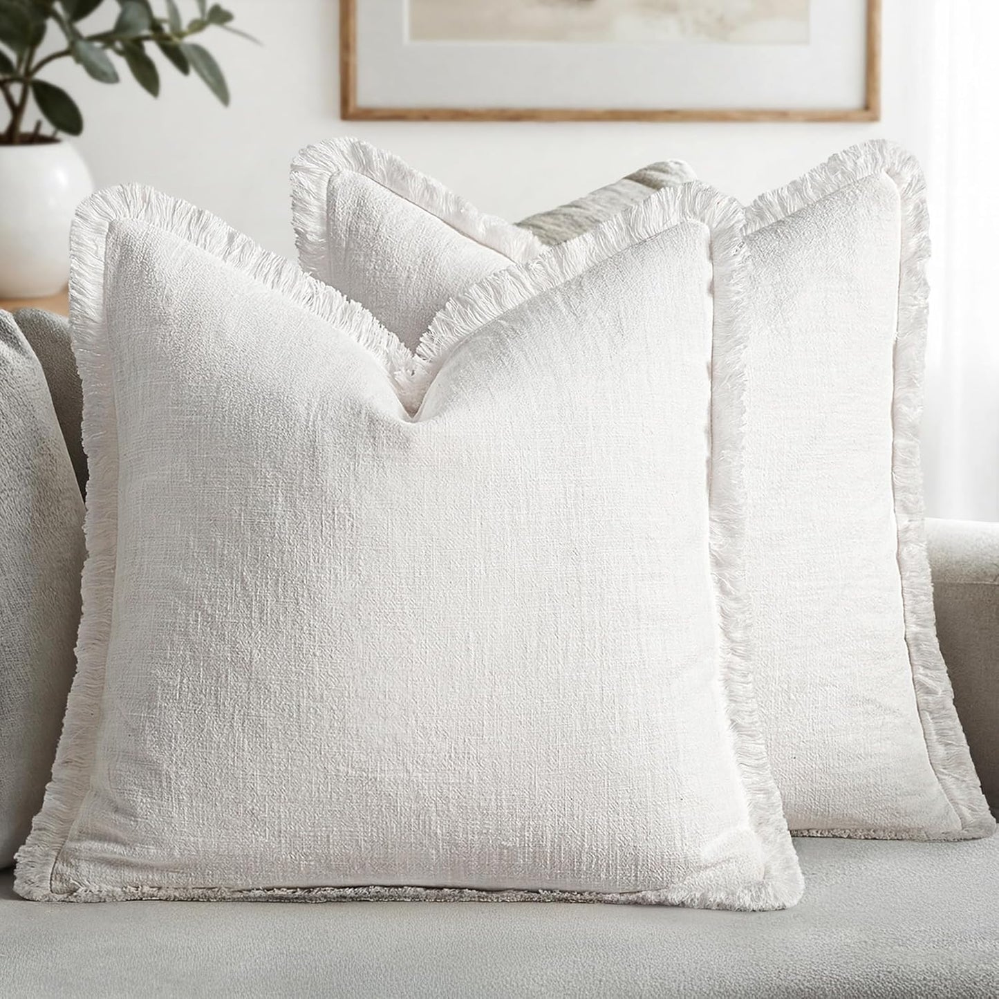 MIULEE Decorative Throw Pillow Covers Neutral Linen Fringe Throw Pillows Set of 2 Natural Beige Boho Farmhouse Cushion Covers with Tassels for Couch Sofa Bed Spring Home Decor 20x20 Inch