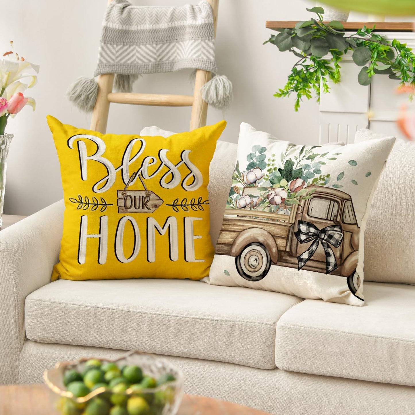 AVOIN colorlife Bless Our Home Farmhouse Eucalyptus Leaves Throw Pillow Covers, 18 x 18 Inch Truck Home Sweet Home Cushion Case Decorations Set of 4