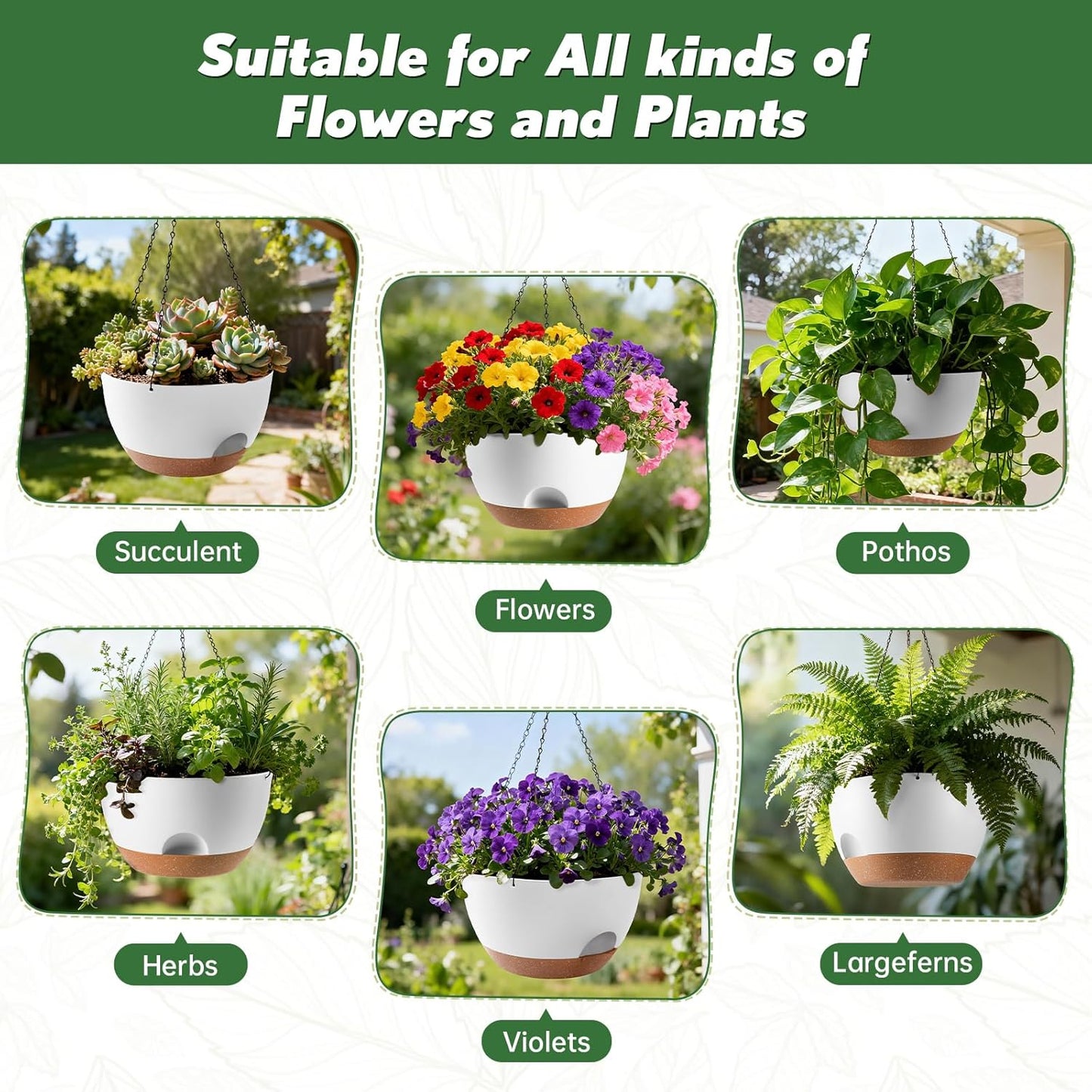 3-Piece Set of 10-Inch Hanging Planters with Automatic Watering System and Drip Tray, Includes Metal Chain, Suitable for Various Indoor and Outdoor Plants and Flowers, Green Brown