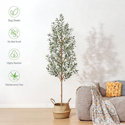 Faux Olive Tree 6FT – Tall Artificial Plants Indoor with Real Wood Trunk & Seagrass Basket, Lifelike Silk Leaves & Fruits – Potted Large Fake Trees for Home, Living Room, Bedroom & Office Decor