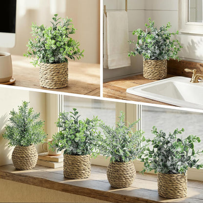 Small Fake Potted Plants: 9 Inches Artificial Plants with Seagrass Handwoven Planters, Indoor Farmhouse Spring Decorations, Eucalyptus Plant for Home Bathroom Office Shelf Tabletop Desk Room Decor