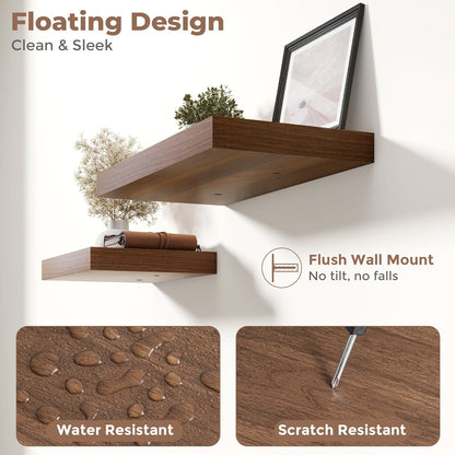 72 Inch Long Floating Shelves for Wall Set of 2, 12"D Wood Grain Bathroom Shelves with Invisible Brackets, Easy Install Engineered Wood Storage Shelves for Kitchen, Living Room, Bedroom, Black Finish