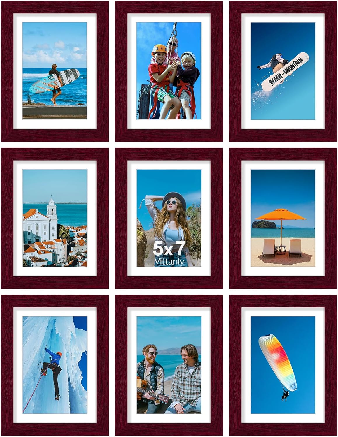 Vittanly 8x10 Picture Frames Set of 9, Shatter Resistant Plexiglass, Display 5x7 Pictures with Mat or 8x10 without Mat, Photo Frames for Wall or Tabletop, Engineered Wood, Black - Colors B