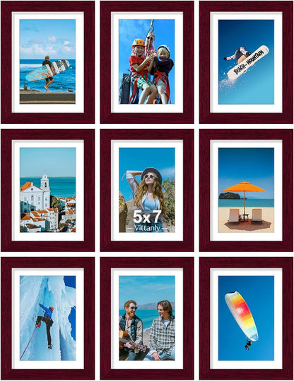 Vittanly 8x10 Picture Frames Set of 9, Shatter Resistant Plexiglass, Display 5x7 Pictures with Mat or 8x10 without Mat, Photo Frames for Wall or Tabletop, Engineered Wood, Black - Colors B