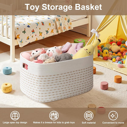 OIAHOMY 75L Large Woven Cotton Rope Storage Basket with Handle for Organizing Blanket and Toys for Living Room, Nursery, Brown Variegated 22”x17”x12”