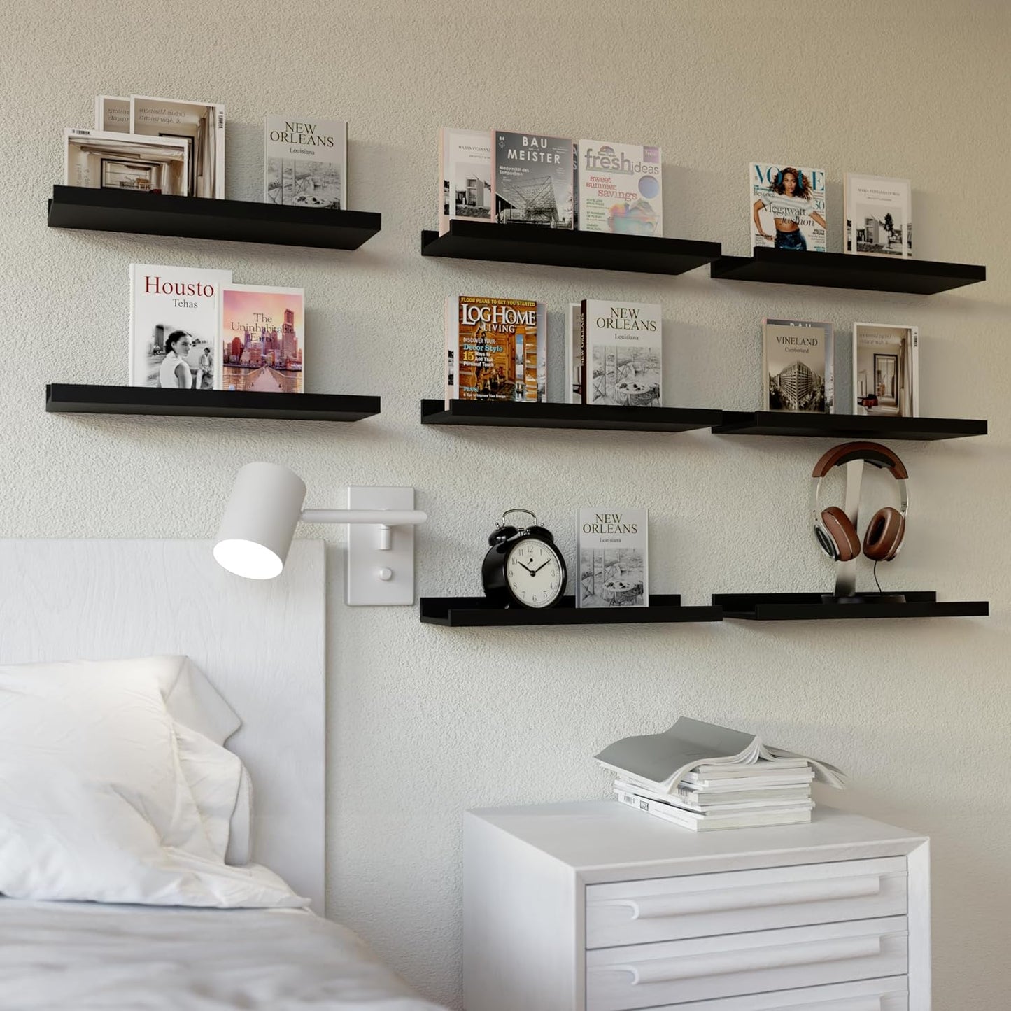 RICHER HOUSE 5 Set Floating Wall Mounted Shelves, Black Shelves for Wall Decor, Modern Picture Ledge Shelf with Lip for Storage, Nursery, Bedroom, Living Room, Bathroom - Black