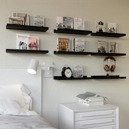 RICHER HOUSE 5 Set Floating Wall Mounted Shelves, Black Shelves for Wall Decor, Modern Picture Ledge Shelf with Lip for Storage, Nursery, Bedroom, Living Room, Bathroom - Black