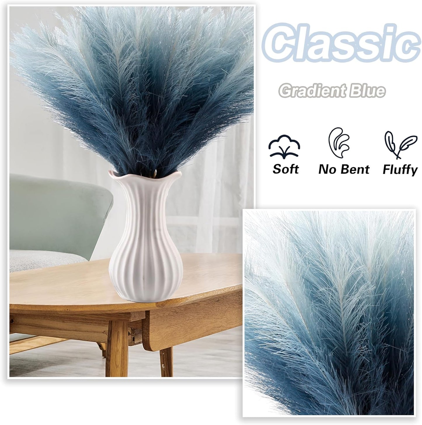 20Pcs Navy Blue Gradient and White Faux Pampas Grass Decor, 21.7"" Pompas Grass Flower Arrangement and Vase Filler for Boho Home Wedding Decoration, Black