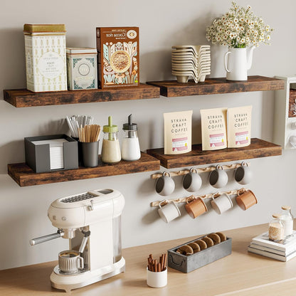 Fixwal Black Floating Shelves for Wall, Rustic Wood Shelves for Bathroom, Living Room, Bedroom and Kitchen, Wall Shelves for Storage, Books, Room Decor (Set of 4, 15.8 Inch)
