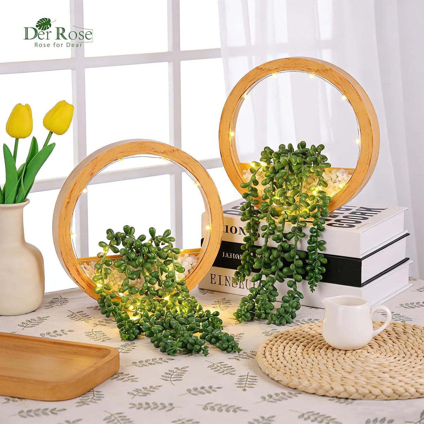 Der Rose 2 Pack Lighted Hanging Plants, Artificial String of Pearls Succulents with Warm LED Lights, Aesthetic Fake Plants for Black Bathroom Bedroom Living Room Wall Decor, Party & Gift for Women