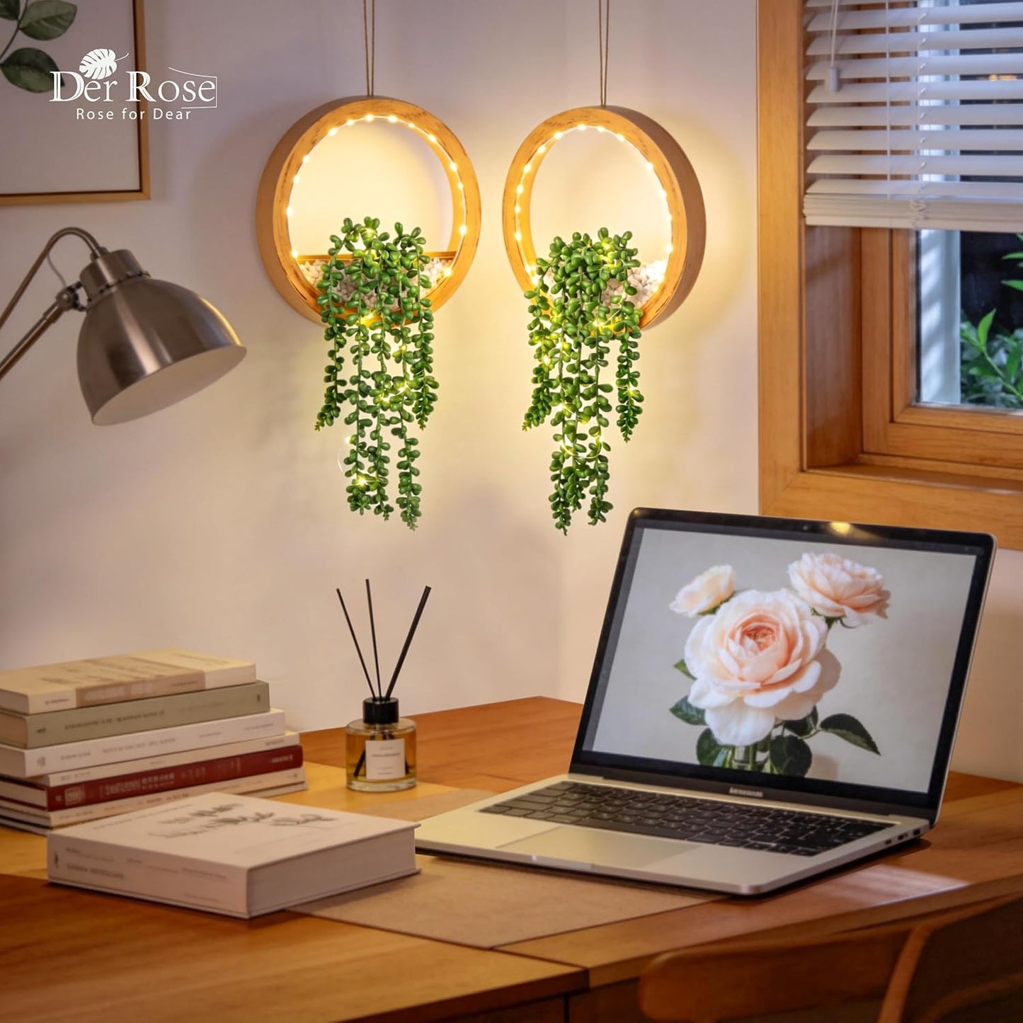 Der Rose 2 Pack Lighted Hanging Plants, Artificial String of Pearls Succulents with Warm LED Lights, Aesthetic Fake Plants for Black Bathroom Bedroom Living Room Wall Decor, Party & Gift for Women