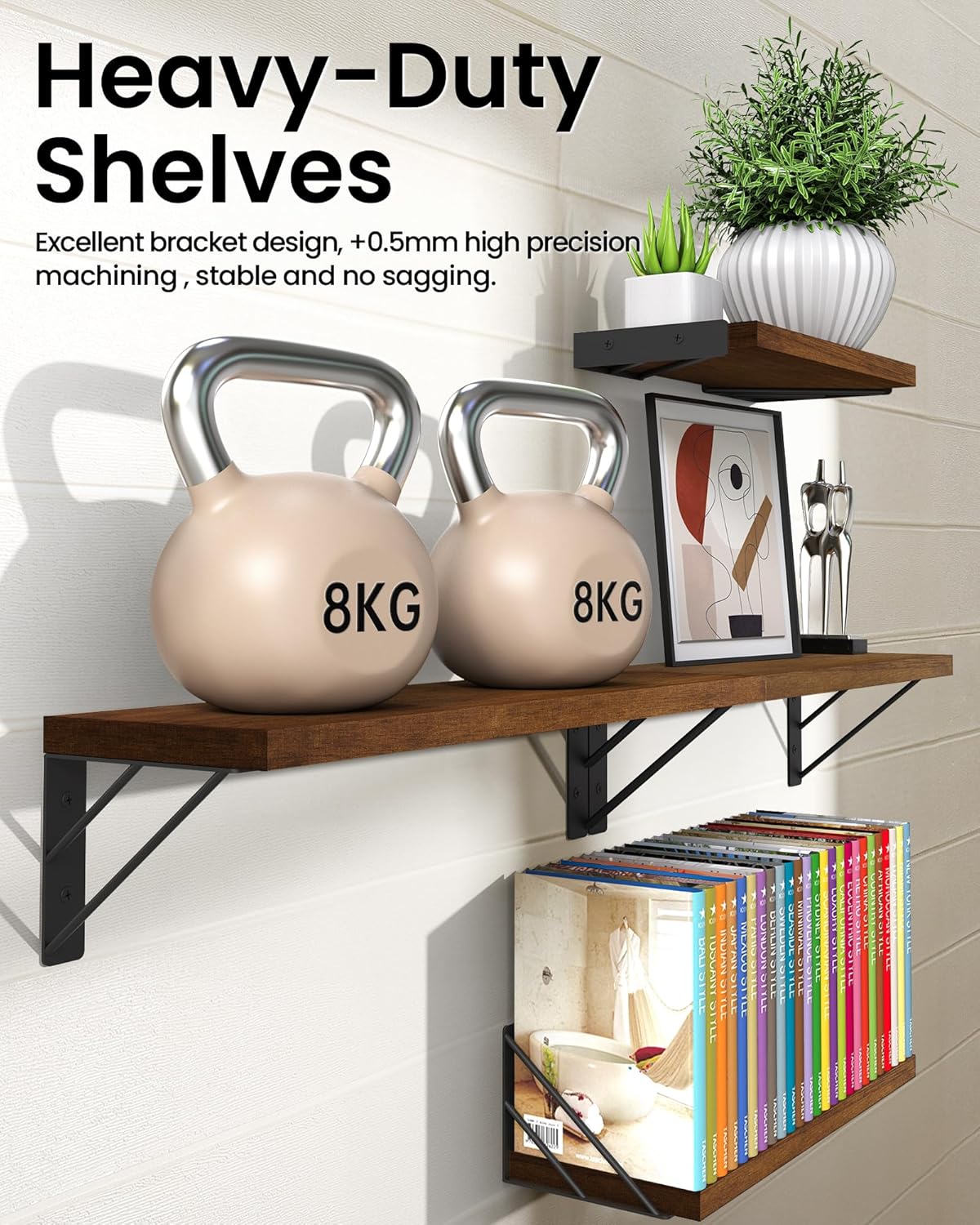 BAYKA Wall Mounted Floating Bathroom Shelves, Wood Wall Shelf for Bathroom Essentials & Decor, Space-Saving Display & Organizer (Black, Set of 4)