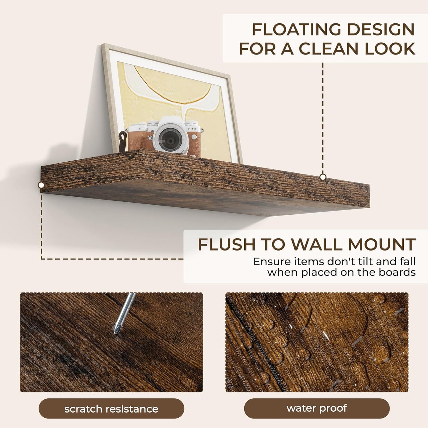 RICHFOCUS 72Inch Floating Shelves for Wall 2 Pack Shelves for Bedroom|Kitchen|Bathroom Wall Mounted Rustic Wood Floating Shelf with Invisible Brackets for Books|Storage|Decor, Rustic Brown