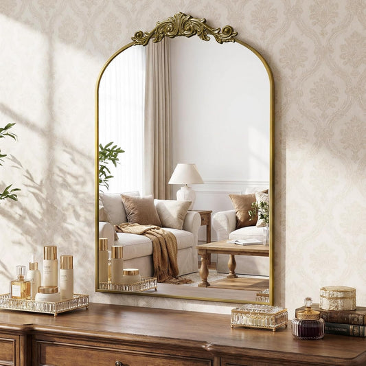 Arched Wall Mirror, 24" x 36" Vintage Carved Bathroom Mirror with Antique Bronze Aluminum Frame, Retro Decorative Wall Mirror for Bedroom, Living Room, Entryway, Fireplace & Hallway