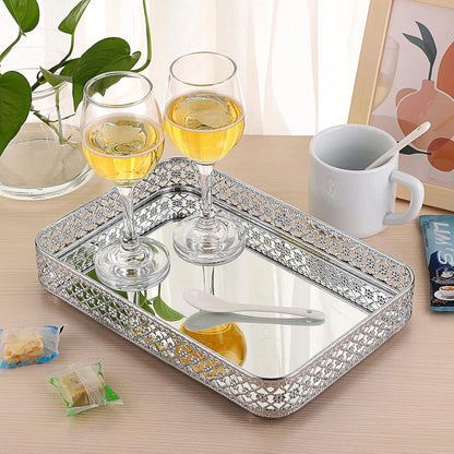 ELLDOO Perfume & Makeup Vanity Tray - Hollow-Carved Jewelry Storage, Glass & Metal Trinket Organizer for Dresser & Bathroom Countertop, Gold, Medium Size