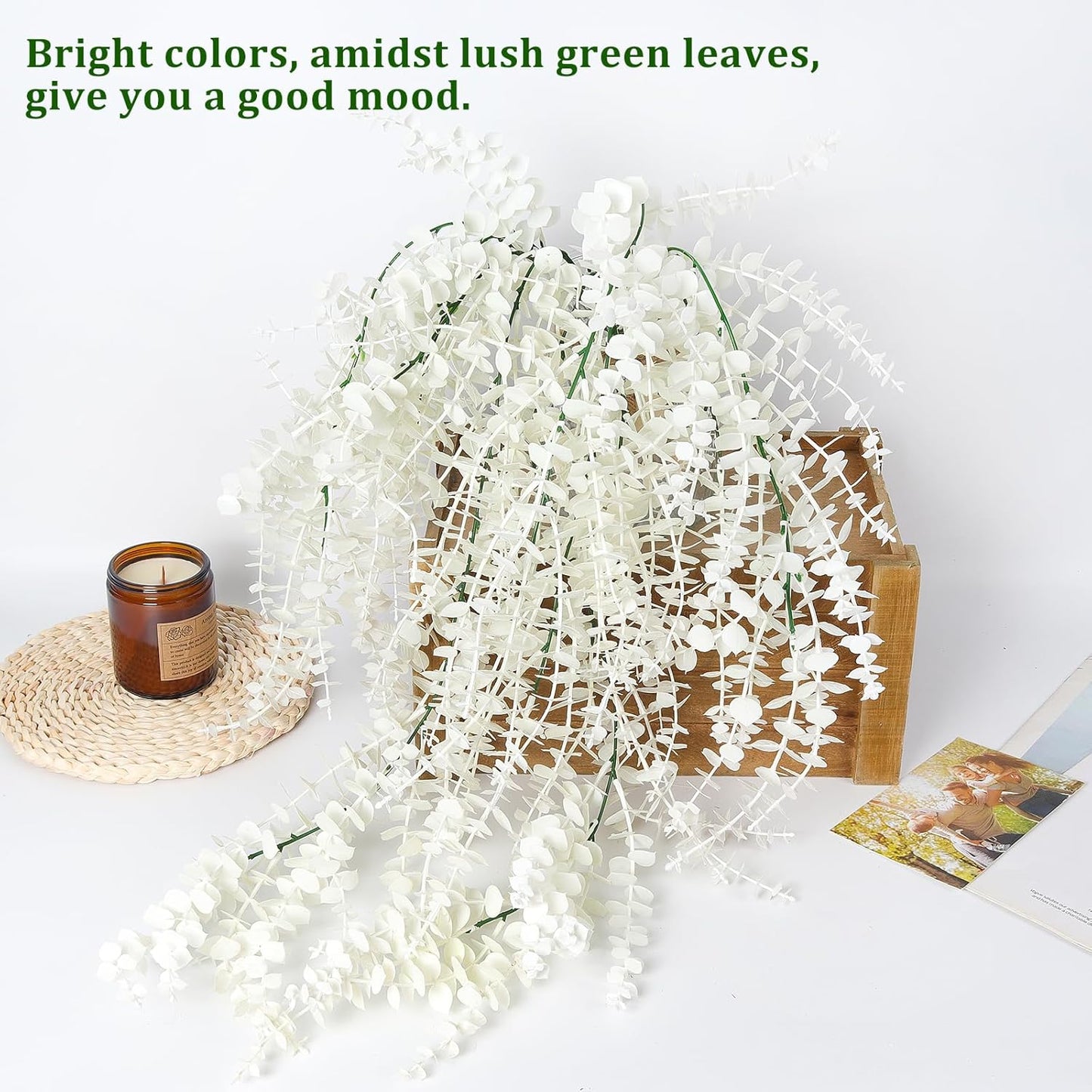 RECUTMS Artificial Hanging Plants Fake Hanging Plant Faux Eucalyptus Leaf Greenery Vine Outdoor UV Resistant Plastic Plants Home Garden Wedding Party Indoor Outdoor Decorations(White)