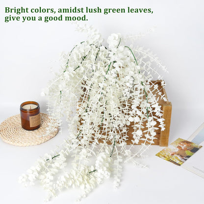 RECUTMS Artificial Hanging Plants Fake Hanging Plant Faux Eucalyptus Leaf Greenery Vine Outdoor UV Resistant Plastic Plants Home Garden Wedding Party Indoor Outdoor Decorations(White)