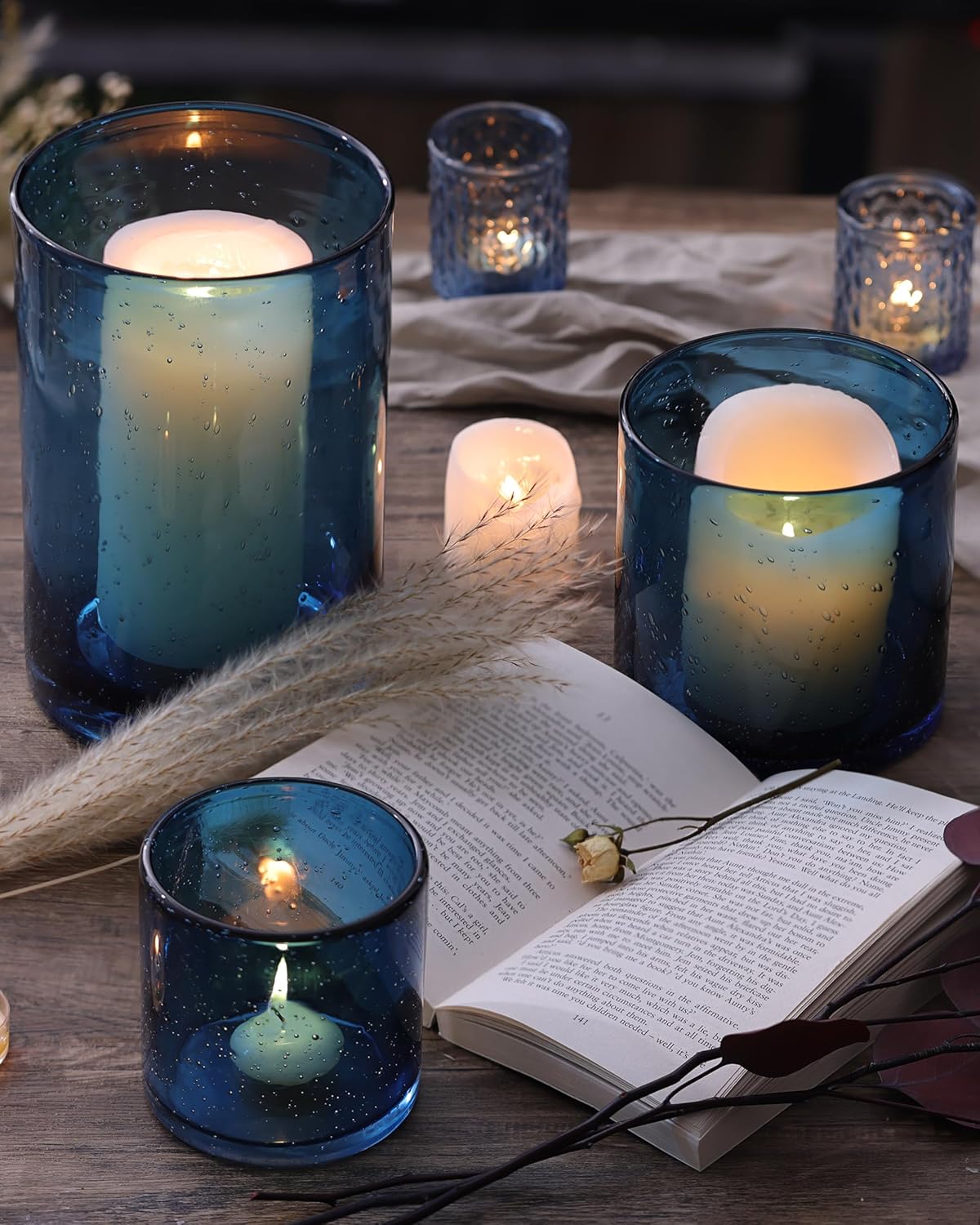 NITIME Hurricane Candle Holder Set of 3 Clear Candle Holders for Pillar Candles, Seeded Bubbles Glass Candle Holder for table centerpiece, Glass Cylinder Vases for Home, Patio and Wedding 8"4.7"3.5"H