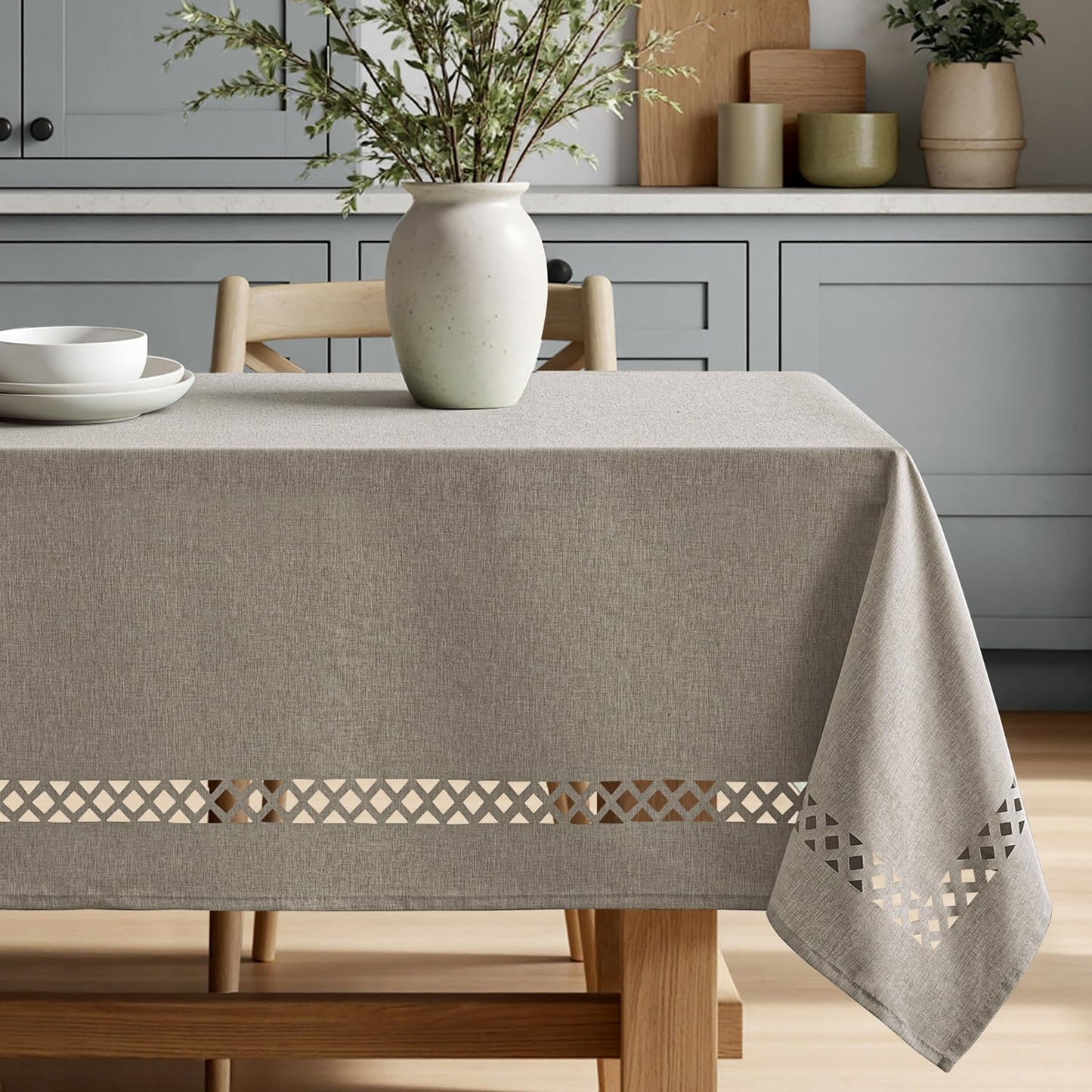 MIULEE Beige Rectangle Linen Polyester Tablecloth with Decorative Cutouts Spring Waterproof Stain Resistant & Shrink-Proof Table Cloth 52x70 inch Farmhouse Style for Dining Wedding and Outdoor