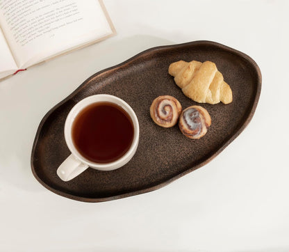 Kate and Laurel Alessia Modern Decorative Scalloped Oval Footed Metal Tray; 14 x 8; Bronze; Transitional Food-Safe Cast Aluminum Pedestal Tray with Rough Texture and Deckled Edge