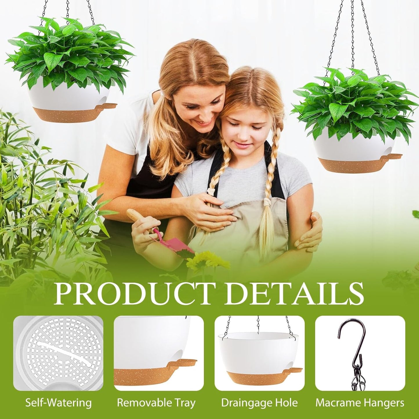 12 Inch Hanging Baskets 2 PC with Chains, Self-Watering Hanging Planters for Indoor Outdoor Plants, Plastic Hanging Flower Pots,Black