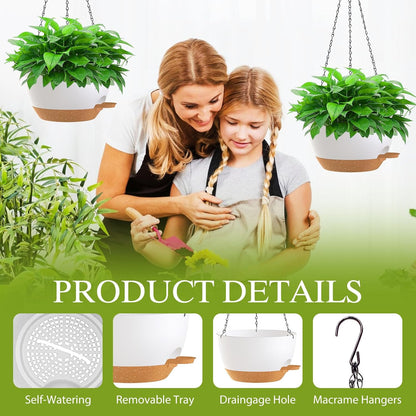 12 Inch Hanging Baskets 2 PC with Chains, Self-Watering Hanging Planters for Indoor Outdoor Plants, Plastic Hanging Flower Pots,Black