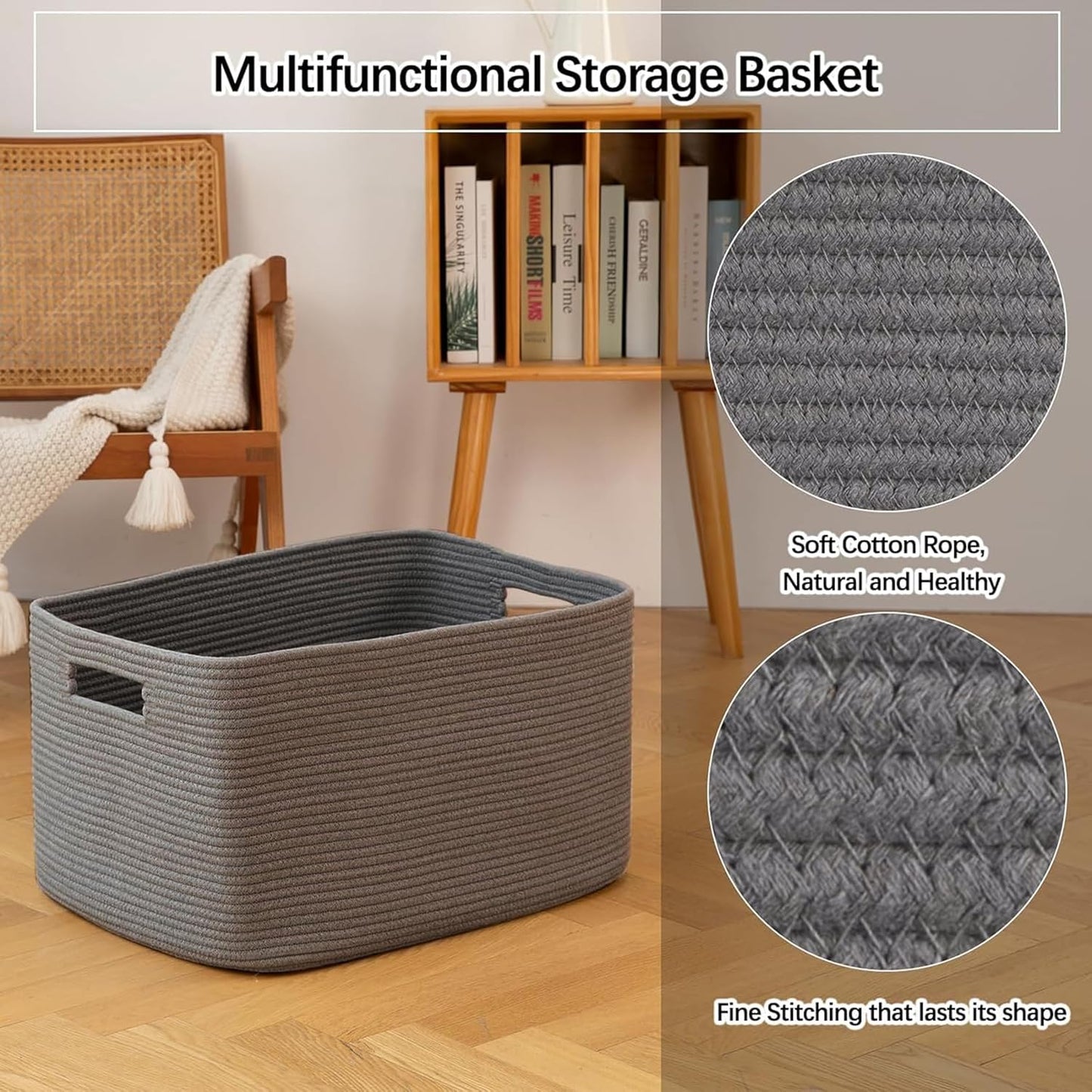 OIAHOMY 75L Large Woven Cotton Rope Storage Basket with Handle for Organizing Blanket and Toys for Living Room, Nursery, Brown Variegated 22”x17”x12”