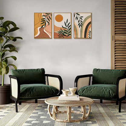 Bwodke Boho Wall Art, Framed Abstract Wall Art, Green Botanical Neutral Canvas Wall Decor, Large Mid Century Plant Pictures Set of 3, Modern Minimalist Paintings, for Bedroom Living Room Bathroom