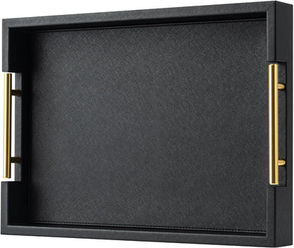Beige Faux Leather Serving Tray with Handles – Large Decorative Tray for Coffee Table, Ottoman, Living Room, Bathroom – Home Decor
