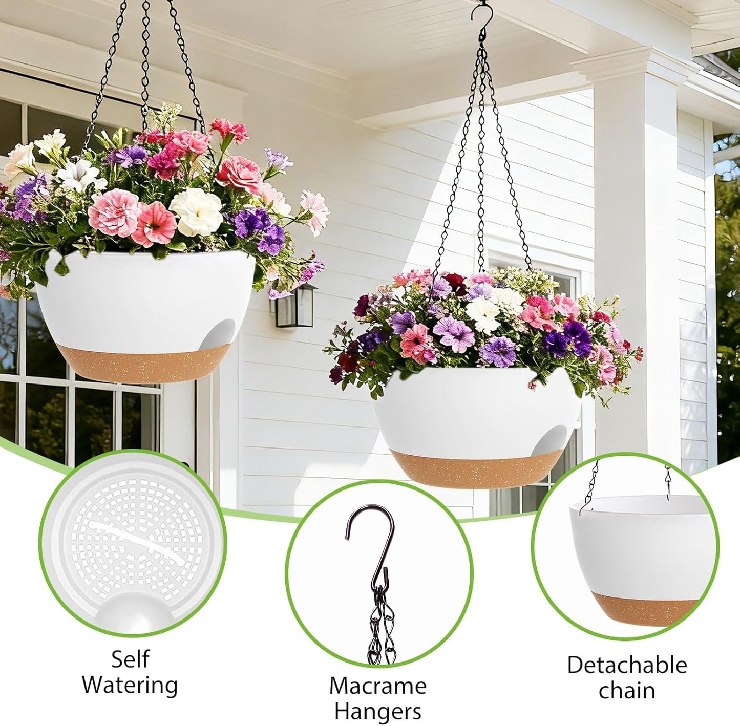 8 Inch Hanging Planters for Indoor Outdoor Plants, 4 Pack Black Plastic Self Watering Hanging Baskets with Drainage Holes and Chain for Garden Porch