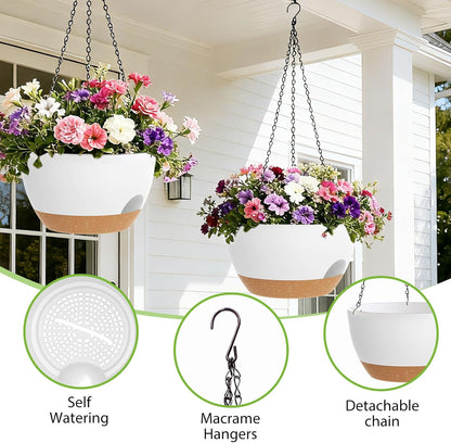 8 Inch Hanging Planters for Indoor Outdoor Plants, 4 Pack Black Plastic Self Watering Hanging Baskets with Drainage Holes and Chain for Garden Porch