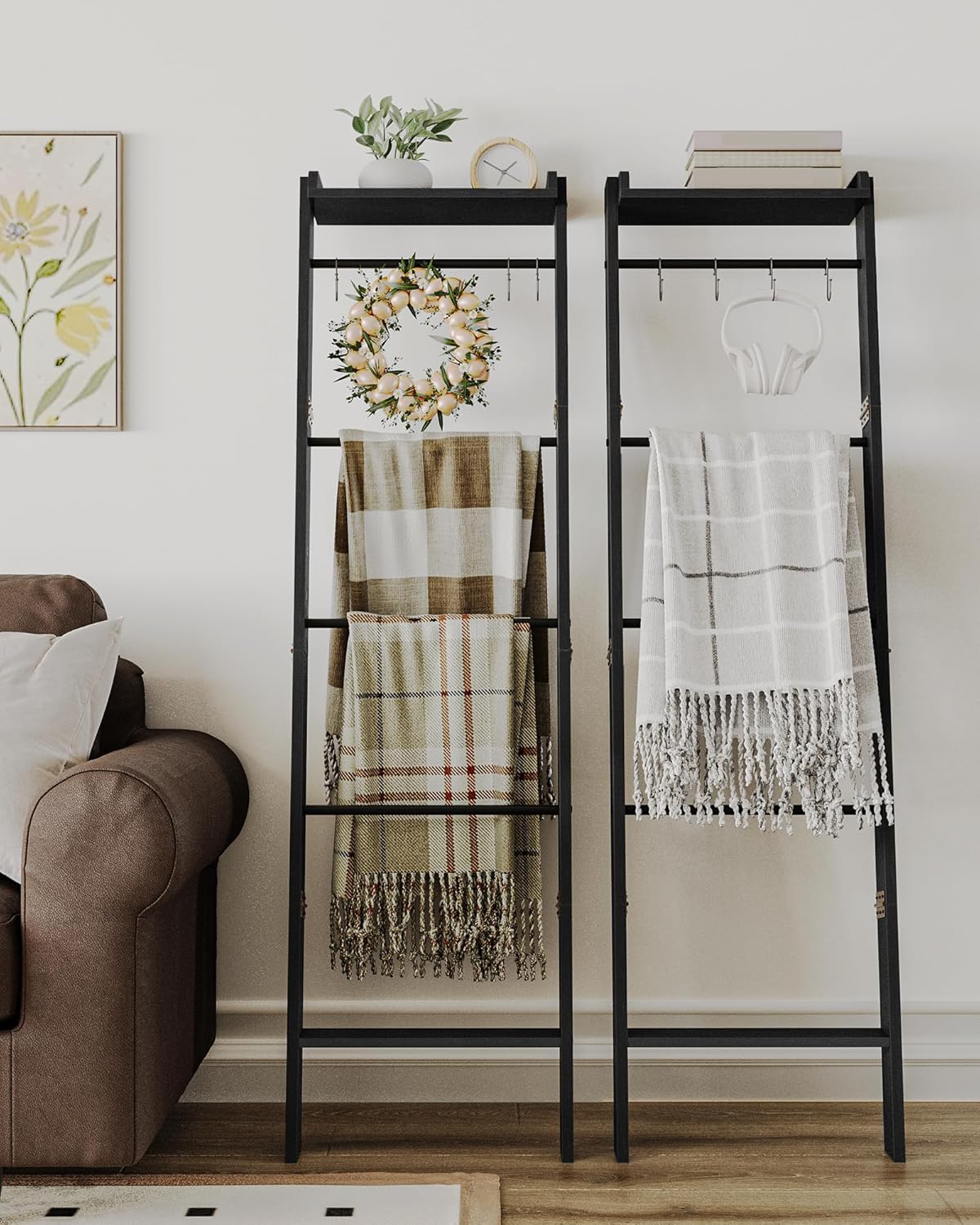 Hzuaneri Blanket Ladder Shelf, Decorative Quilt Rack, 6-Tier Farmhouse Ladder Holder Organizer with 4 Removable Hooks 7.9" D x 17.3" W x 63.4" H, Rustic Brown BR35801B