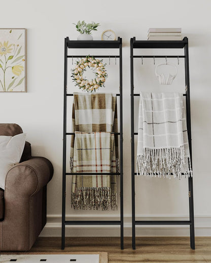 Hzuaneri Blanket Ladder Shelf, Decorative Quilt Rack, 6-Tier Farmhouse Ladder Holder Organizer with 4 Removable Hooks 7.9" D x 17.3" W x 63.4" H, Rustic Brown BR35801B