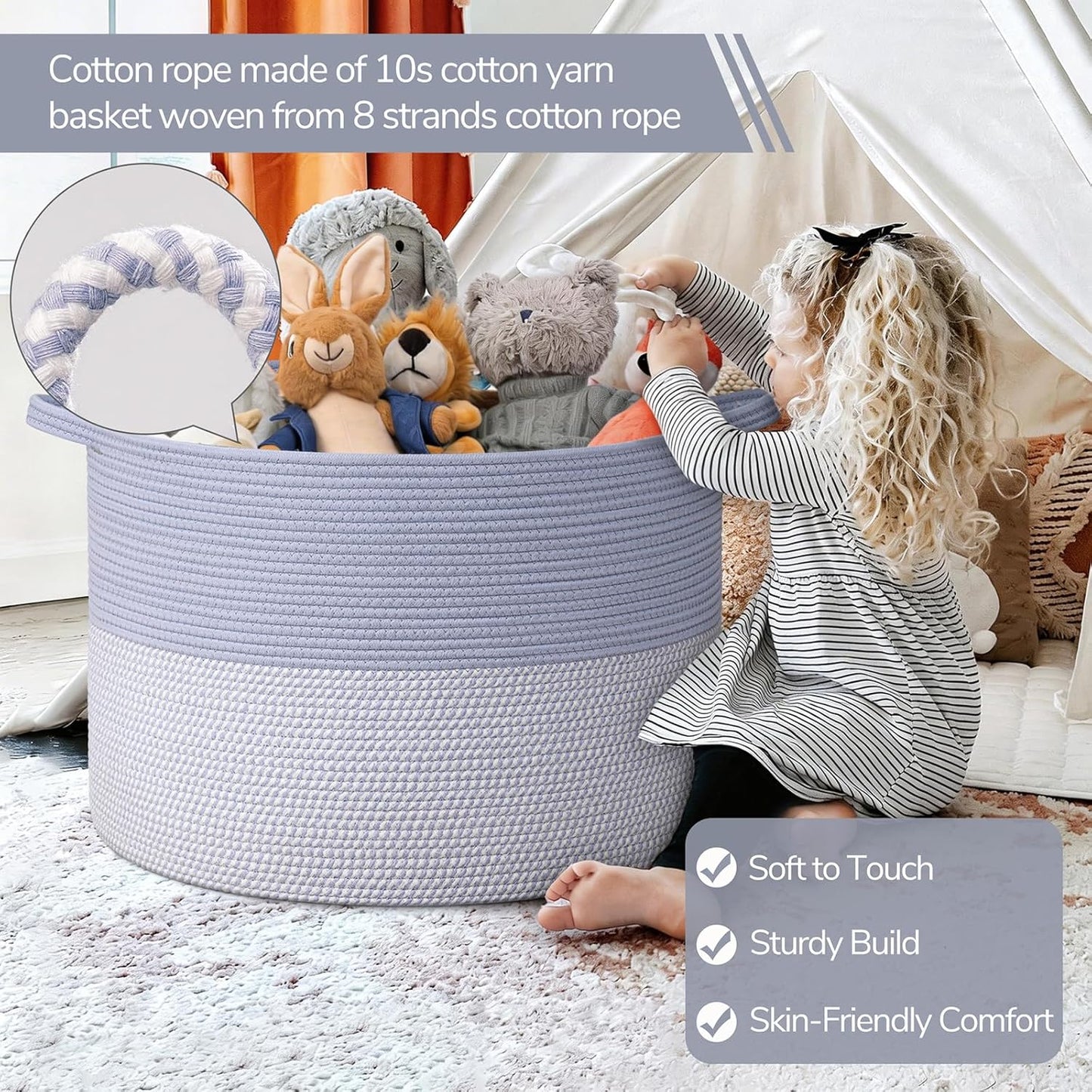 INDRESSME XXXLarge Blanket Basket for Living Room 21.7" x 21.7" x 13.8"-Storage Basket with Handle for Organizing Toy Pillows Woven Cotton Rope Laundry Basket Stuffed Animal Toy Storage for Play Room
