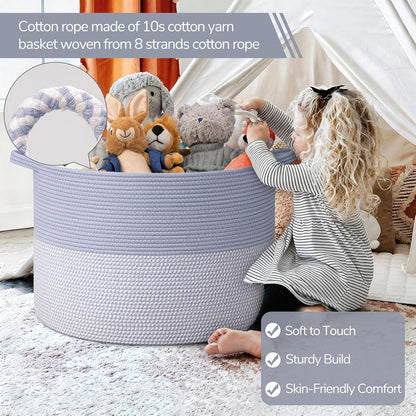 INDRESSME XXXLarge Blanket Basket for Living Room 21.7" x 21.7" x 13.8"-Storage Basket with Handle for Organizing Toy Pillows Woven Cotton Rope Laundry Basket Stuffed Animal Toy Storage for Play Room