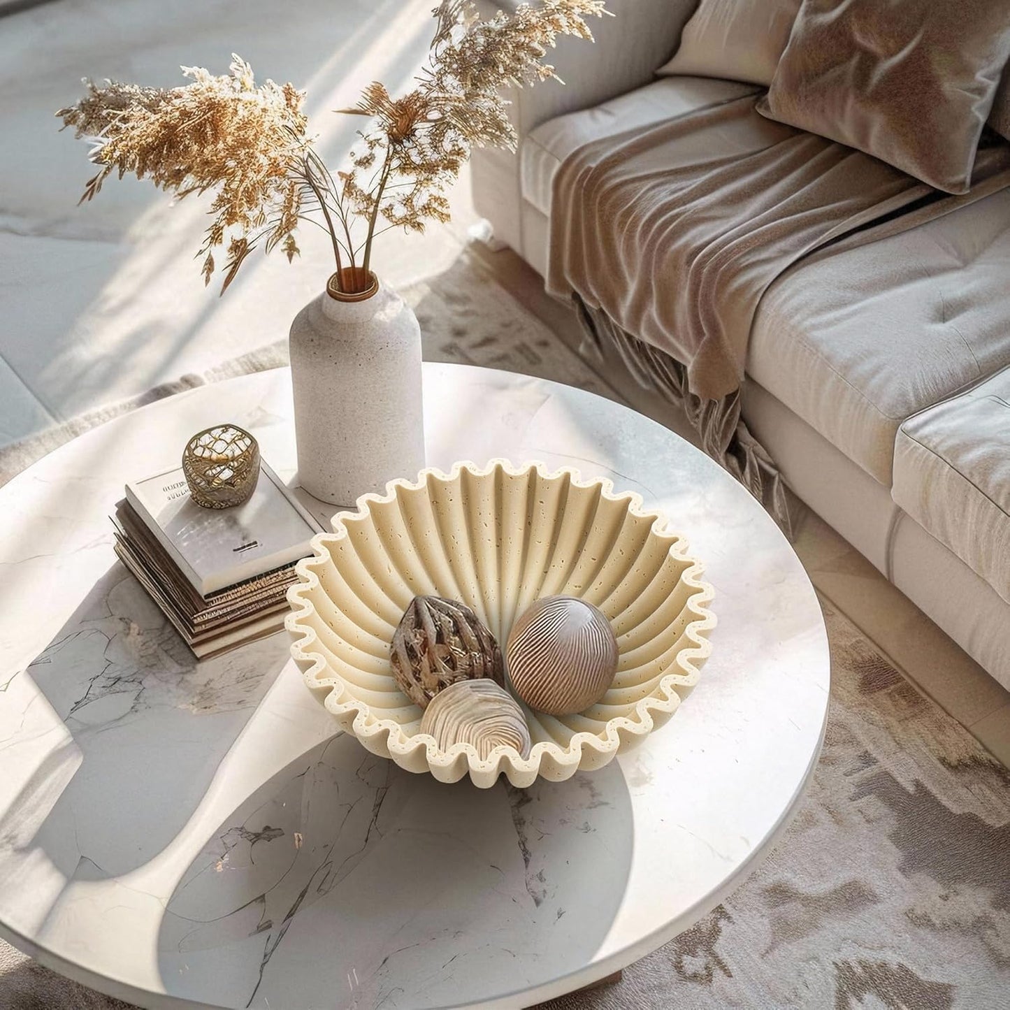 YMXYJM Large Decorative Bowl, Modern Handicraft Bowls for Home Decor, Fruit Bowl for Kitchen Counter, Ruffle Decor, Stylish Key Bowl for Entry Table, Artificial Stone Beige
