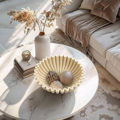 YMXYJM Large Decorative Bowl, Modern Handicraft Bowls for Home Decor, Fruit Bowl for Kitchen Counter, Ruffle Decor, Stylish Key Bowl for Entry Table, Artificial Stone Beige